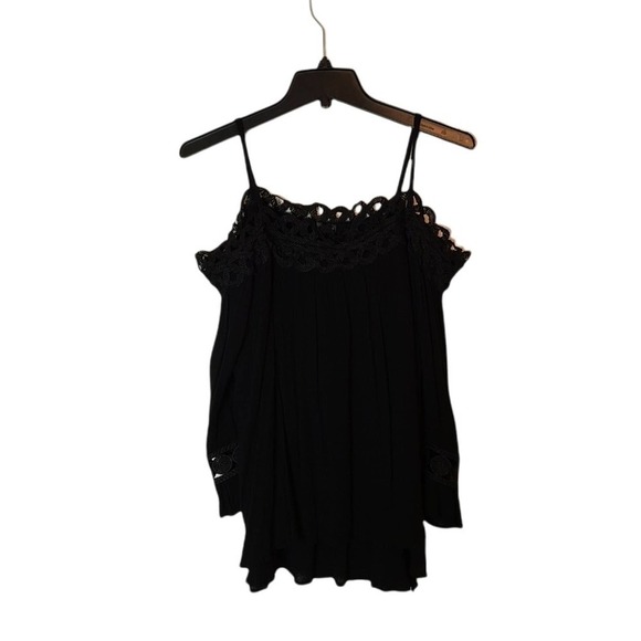 Aqua Black Cold Shoulder Blouse Lace Trim Boho Chic Top Preowned XS - Picture 6 of 8